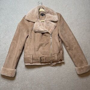 Topshop Camel Suedette Faux Fur Moto Biker Jacket with Belt - US 4
